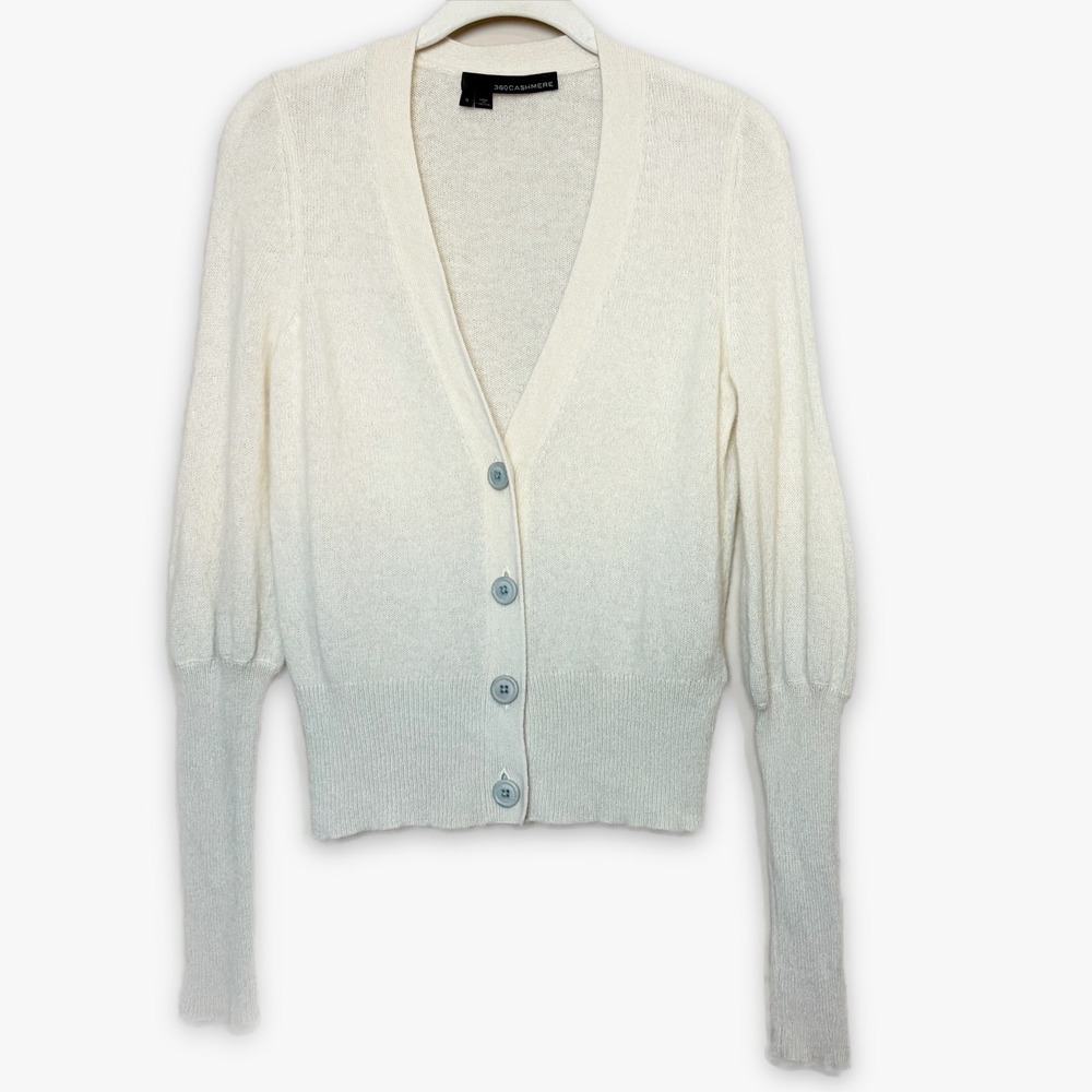 360 Cashmere Ombre V-Neck Cardigan Small Sweater Cream Gray Bishop Sleeve